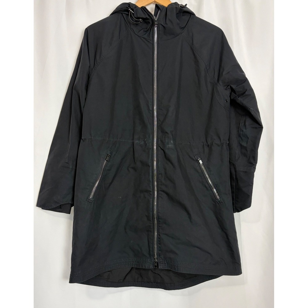 Athleta Black Full Zip Hooded Rain Jacket Drawstring Waist Womens Small Classic